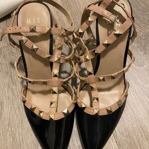Mix No. 6 Black and Tan Strappy Heels with Gold Studs NEW